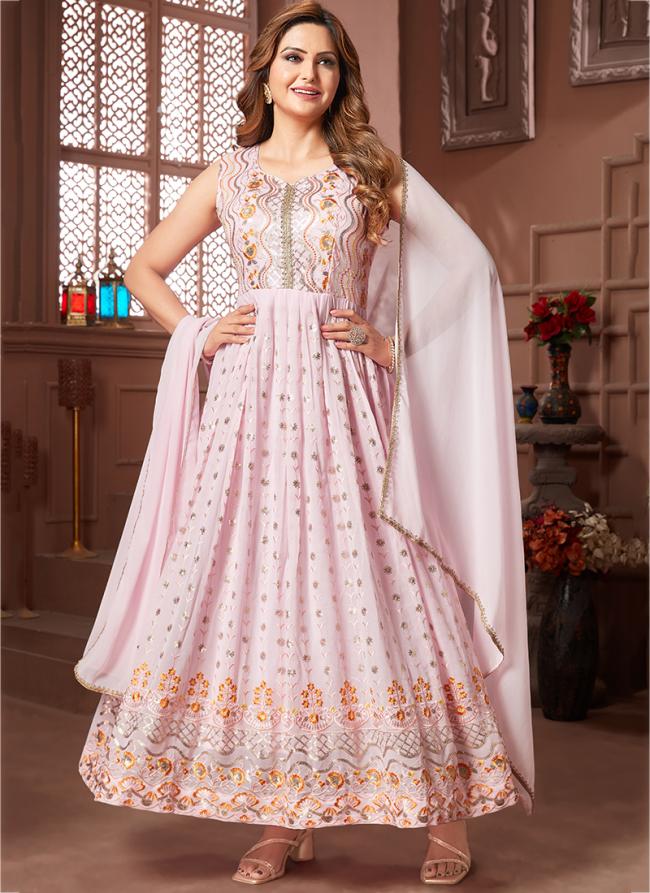 Pink Faux Georgette Wedding Wear Embroidery Work Gown With Dupatta